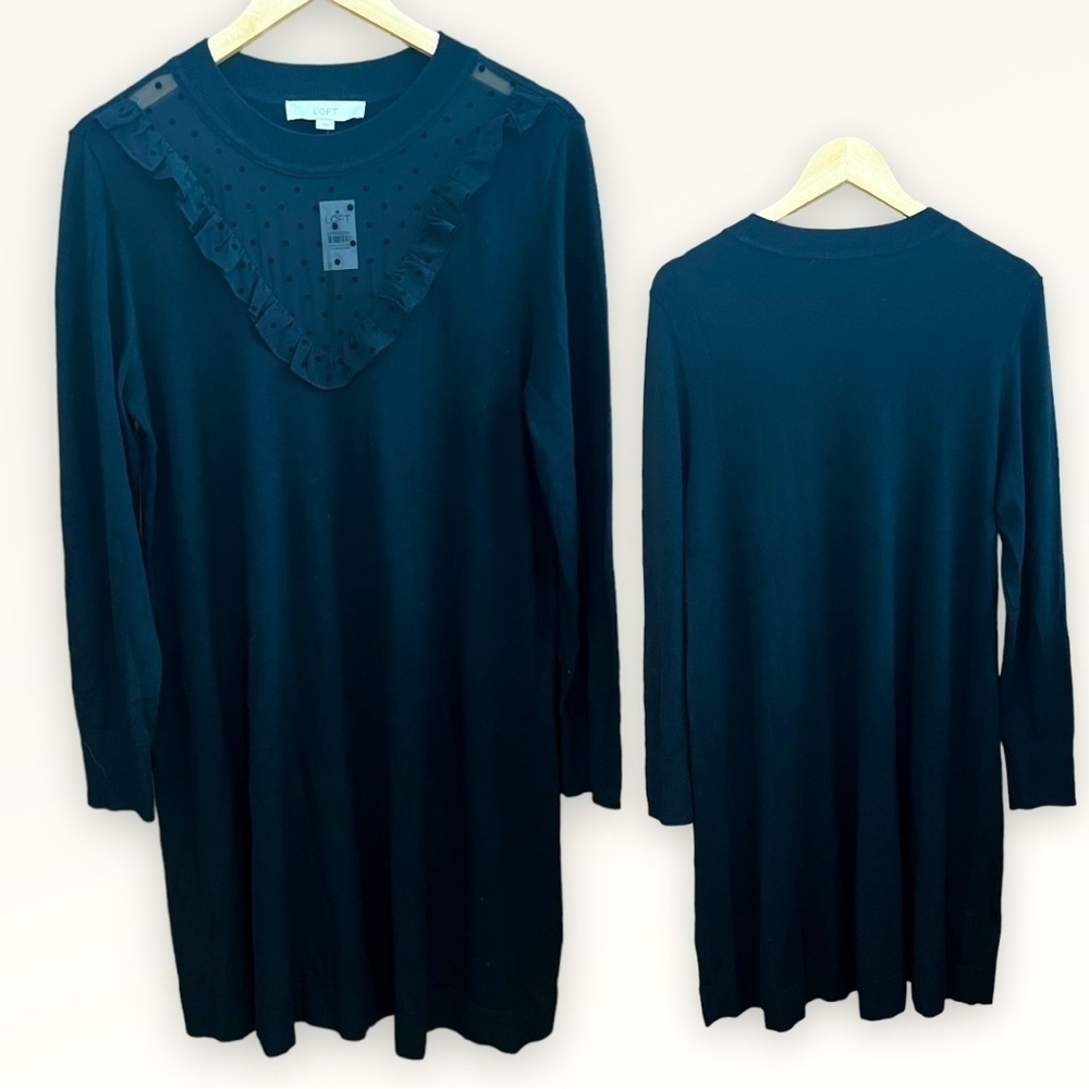LOFT Black Long Sleeve Sweater Dress with Lace Top, Size Large- New With Tags!